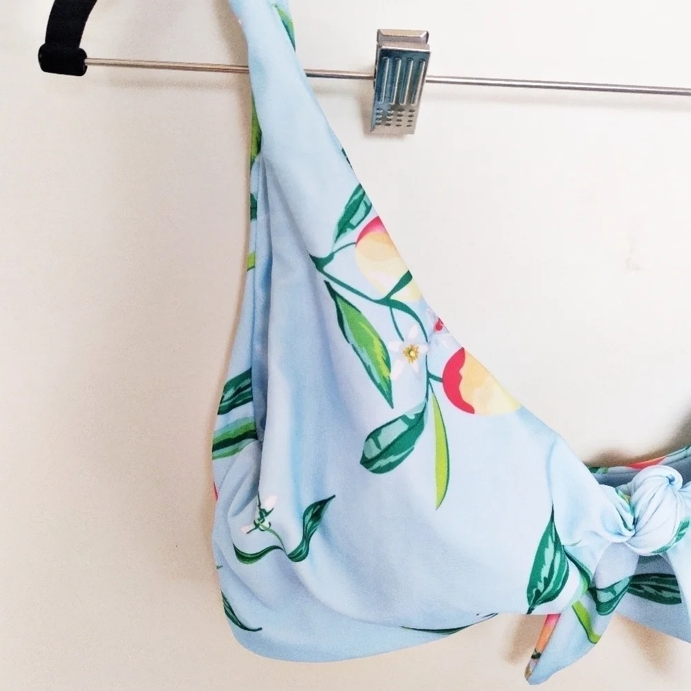 Unbranded Retro Tie Front Peach Print Baby Blue Bikini Top Size Small
